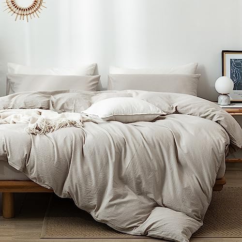 MooMee Bedding Duvet Cover Set 100% Washed Cotton Linen Like Textured Breathable Durable Soft Comfy (Heathered Cream Grey, Queen 90&#34;x90&#34;)