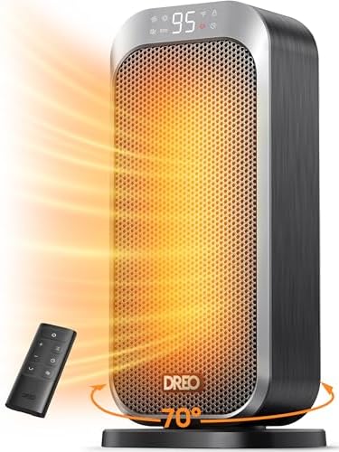 Dreo Space 加热器,1500W 快速加热便携式加热器,适用于室内使用,8 个安全保护办公桌办公室卧室,70° 振荡,静音电动 PTC 陶瓷带遥控器,12小时定时器