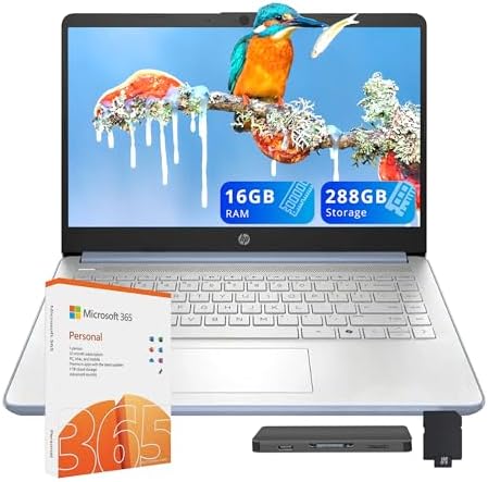 HP Stream 14&#34; HD Laptop, Intel Processor N150, 16GB RAM, 288GB Storage(128GB UFS+160GB Docking Station Set), Intel Graphics, Webcam, Wi-Fi 6, 1 Year Office 365, Copilot, Fast Charge, Win 11, Blue