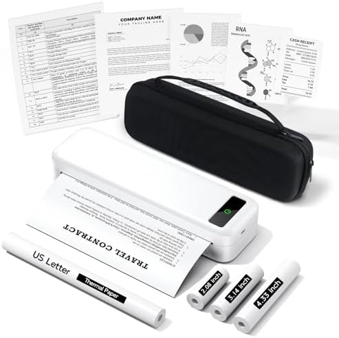 Inkless Portable Printer for Travel, Wireless Thermal Printer for Phone Laptop, Support 8.5&#34; X 11&#34; US Letter &amp; A4 Size, Small Bluetooth Mobile Printers with Carry Case and 4 Rolls of Therm