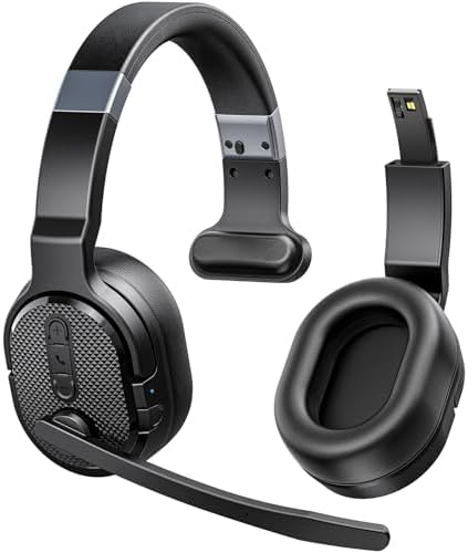 COSMUSIS Trucker Bluetooth Headset, Wireless Headsets with Noise Cancelling Microphone, 50+Hrs HD Talktime Bluetooth Headphones with Detachable Earpad\/Single+Dual Mode for Office\/Driving\/Home
