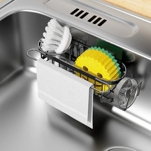 Cisily Kitchen Sink Caddy Sponge Holder in The Sink, Stainless Steel Kitchen Sink Organizer, Brush Holder, Dish Cloth Hanger, Sink Stopper Holder with 2 Installation Ways (Suction &amp; Adhesives