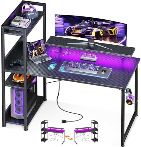 ODK Reversible Gaming Desk with USB Charging Port and LED Lights, 40 Inch Computer Desk with Storage Shelves &amp; Monitor Stand, Study Table for Home Office, Small Space Bedroom, Carbon Fiber Black