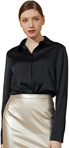 Escalier women's silk shirt long sleeved satin button up shirt casual work office silk slip shirt top