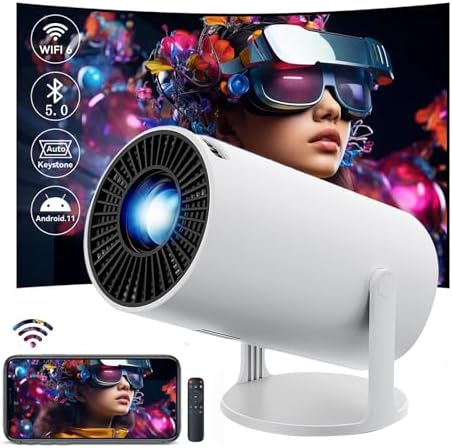 HY300 Projector with WIFI6 and Bluetooth, 4K 1080P Support with Android TV 11.0, Mini Portable Projector 180° Rotatable Movie Projector ,Auto Keystone Compatible for Laptop, PC, Smartphone