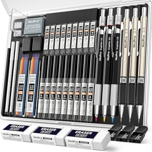 Nicpro 35PCS Art Mechanical Pencil Set, 3 PCS Metal Drafting Pencil 0.5 mm &amp; 0.7 mm &amp; 0.9 mm &amp; 3 PCS 2mm Lead Holder (6B 4B 2B HB 2H 4H Colors) For Sketching Drawing With 20 Tube Lead Refi