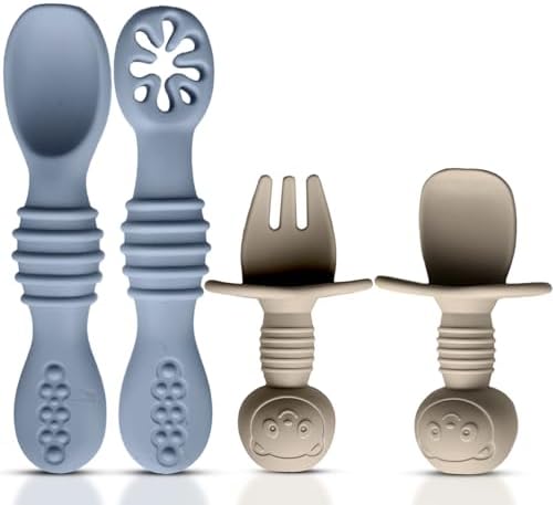 HippoBaby 4pc Silicone Baby Spoons Self Feeding Baby Utensils 6-12 Months - 3 Baby Spoon - 1 Baby Fork - Toddler Cutlery Set - BPA Free, Dishwasher Safe - Baby Eating Essentials (Gray\/Beige)