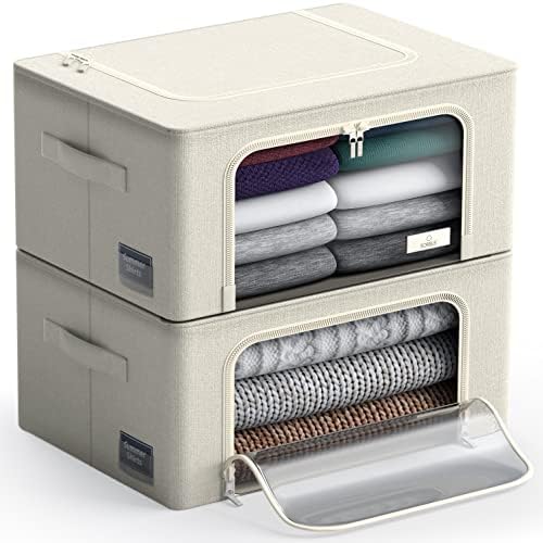 Sorbus Storage Bins with Metal Frame - Stackable &amp; Foldable Clothes Organizer Bags - Oxford Fabric Storage Containers with Large Clear Window &amp; Carry Handles, Bedroom Organization for Bedding 