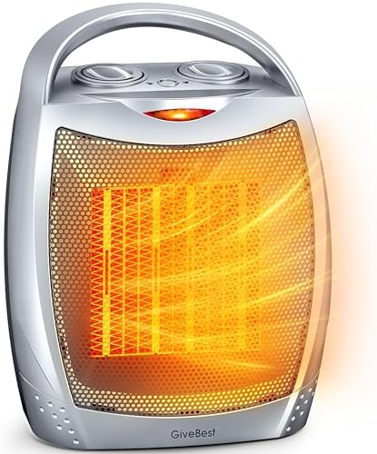 GiveBest Portable Electric Space Heater with Thermostat, 1500W\/750W Safe and Quiet Ceramic Heater Fan, Heat Up 200 Square Feet for Office Room Desk Indoor Use, Silver