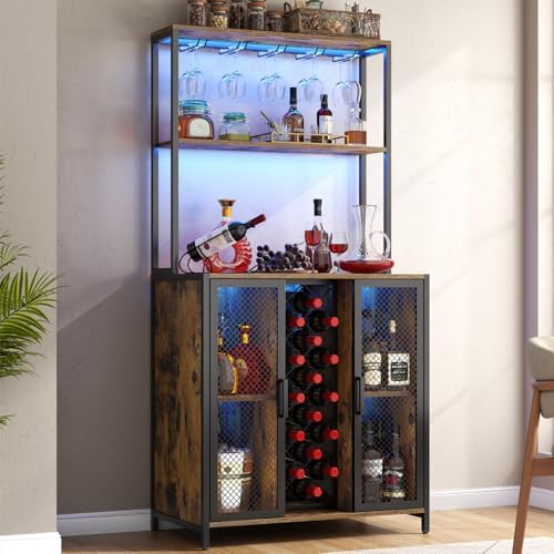 Loomie Wine Bar Cabinet with LED Lights, 5-Tier Industrial Coffee Bar, Buffet Sideboard with Adjustable Shelves, Kitchen Bar Table with Wine Rack Storage and Glass Slots for Liquor and Glasses,Rustic