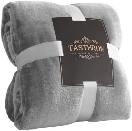 TASTHROW Large Flannel Fleece Throw Blanket, 50×70 Inch - Cozy Lightweight Thick Blanket - All Seasons Suitable for Women, Men and Kids (Light Grey)
