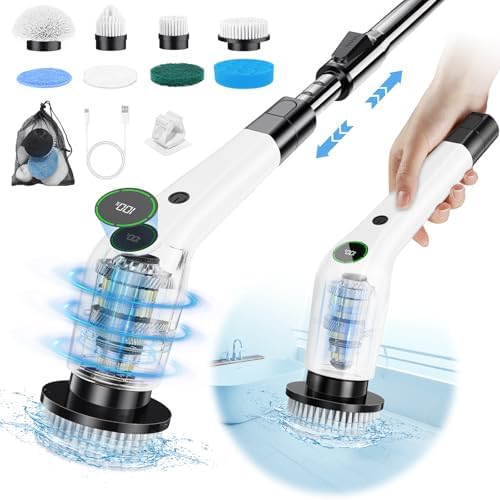 PUFTEM Electric Spin Scrubber, Cordless Shower Scrubber with 8 Scrub Brush, 2 Speed with Adjustable Extension Handle, Battery Level Display, Power Scrubber for Bathroom Bathtub Tile Floor, Black