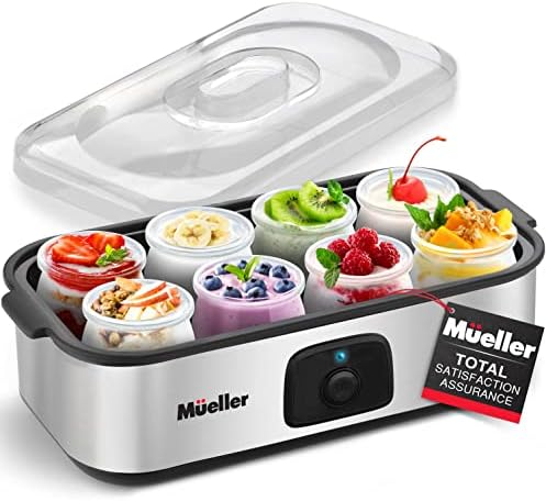 Mueller 酸奶机,希腊酸奶机带 8 个玻璃罐\/盖子,一键式显示:适合婴儿、儿童和冻糕的有机、甜味、调味、普通或无糖的选择