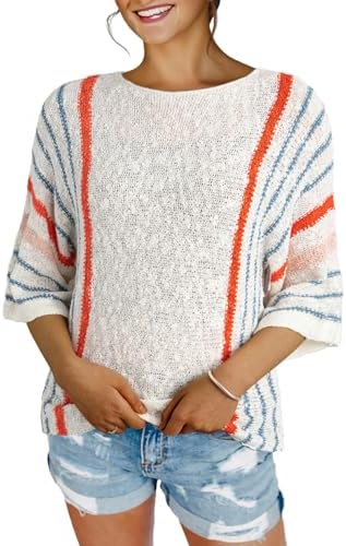 Dokotoo Womens 2025 Summer Tops Casual Color Block Striped Lightweight Knit Trendy Boho Clothes Pullover Sweaters
