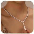 Moissanite Tennis Necklace-for-Women-Wedding-Prom-Jewelry: Lariat 18K White Gold Plated 925 Sterling Silver Rhinestone Simulated Diamond Pendant Long Chain Y Necklaces - Crystal Bridal Gifts