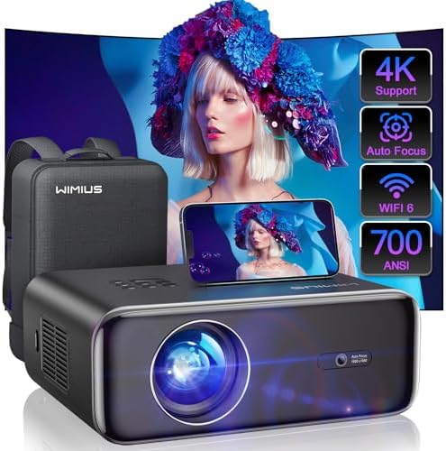 [Auto Focus\/4K Support] Projector with WiFi 6 and Bluetooth 5.2, 700ANSI Native 1080P Outdoor Movie Projector, WiMiUS P62 Auto 6D Keystone &amp; 50% Zoom, Smart Home Projector for iOS\/Android\/TV St