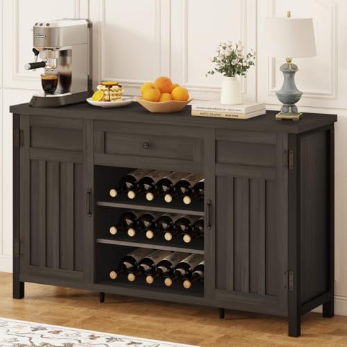 FATORRI Industrial Coffee Bar Cabinet with Drawer and Wine Rack, Sideboard Buffet Storage Cabinet with Door, Farmhouse Credenza Cupboard for Kitchen (Walnut Brown)