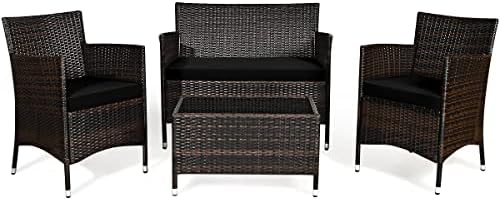Goplus 4-Piece Rattan Patio Set, Outdoor\/Indoor Wicker Conversation Set for Pool, Backyard, Lawn, Wicker Chairs and Sofa with Soft Cushion, Rattan Furniture with Tempered Glass Coffee Table