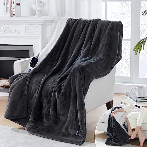 Sealy Electric Blanket with Foot Pocket for Adults, Flannel &amp; Sherpa Heated Blanket Throw with 6 Heating Levels &amp; 2-10 Hours Auto Shut Off, Fast Heating &amp; Machine Washable, 50x62 Inch, Dar