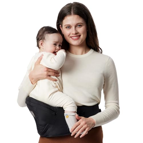 Momcozy Hip Seat Baby Carrier - Adjustable Waistband with Original 3D Belly Protector, Ergonomic Carrier with Various Pockets for Newborns &amp; Toddlers up to 45lbs (Black, Medium)