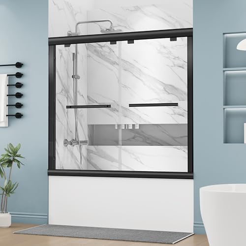 DELAVIN 56-60 in.W x 59 in.H Semi-Frameless Double Sliding Tub Shower Doors, Water Repellent Bypass Black Tub Door, SGCC Clear Tempered Bathtub Doors with Explosion-Proof Film