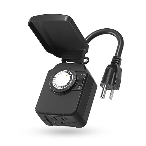BN-LINK 24-Hour Mechanical Outdoor Light Timer, Waterproof, Heavy Duty, 15A 1\/2HP, 1 Grounded Timer Outlet for Home and Garden