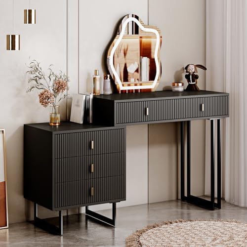 Ieejdn Black Vanity Desk with Mirror and Lights,Small Makeup Vanity with 5 Drawers, Modem Makeup Table with Adjustable Cabinet for Bedroom,Makeup Room