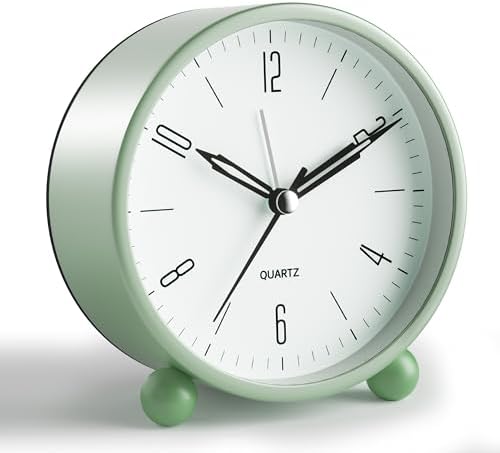 Analog Alarm Clock, 4 inch Super Silent Non Ticking Small Clock with Night Light, Battery Operated, Simple Design, Old Fashioned Style Ideal Decor, for Bedroom, Bedside, Desk, Adult, Kid, Gift, Green