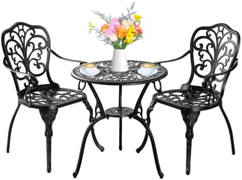 Withniture Bistro Set 3 Piece Outdoor, Bistro Table and Chairs Set of 2, All Weather Patio Bistro Set with Umbrella Hole, Patio Set for Garden, Black