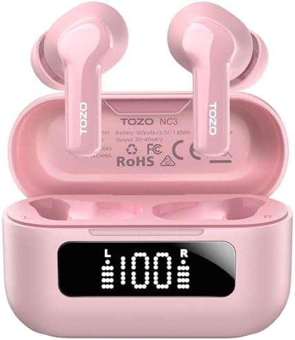 TOZO Hybrid Active Noise Cancelling Wireless Earbuds with 6 Mics AI Clear Call Ear Buds 55H Playtime with LED Display 32 Preset EQs via APP Bluetooth 5.3 IPX8 Waterproof in Ear Headphones