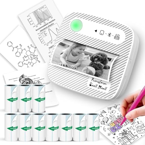 Mini Printer, Sticker Printer with 10 Rolls Sticker Paper, Bluetooth Thermal Printer Compatible with iOS &amp; Android, Mini Pocket Printer Portable and Inkless for Study Notes, Pictures, DIY, Label