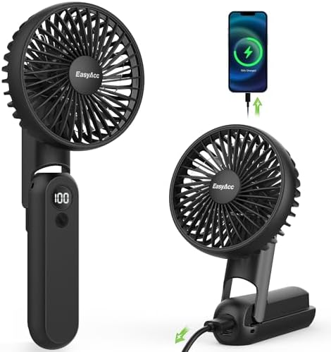 EasyAcc Portable Fan for Travel, 5 Speed Ultra Quiet [18H Max Cooling Time] with Backup Power Digital Display Lanyard Neck Foldable Personal Fan Hot Flashes Gift Outdoor