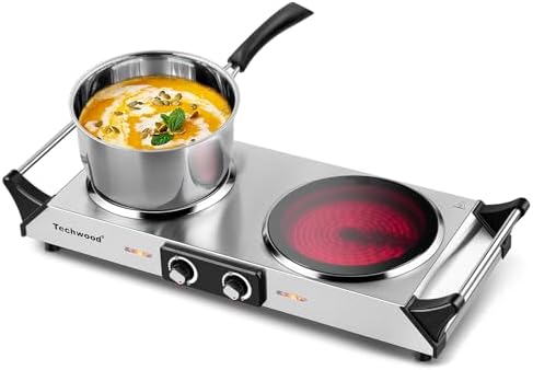 Techwood Electric Stove, Double Infrared Ceramic Hot Plate for Cooking, Two Control Cooktop Burner, Portable Anti-scald handles Suitable for Office\/Home\/Camp Use, 1800W Compatible for All Cookwares