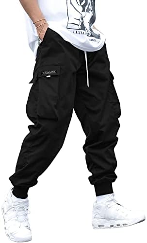 OYOANGLE men's casual drawstring elastic waist flap pocket letter pattern street jogging work pants