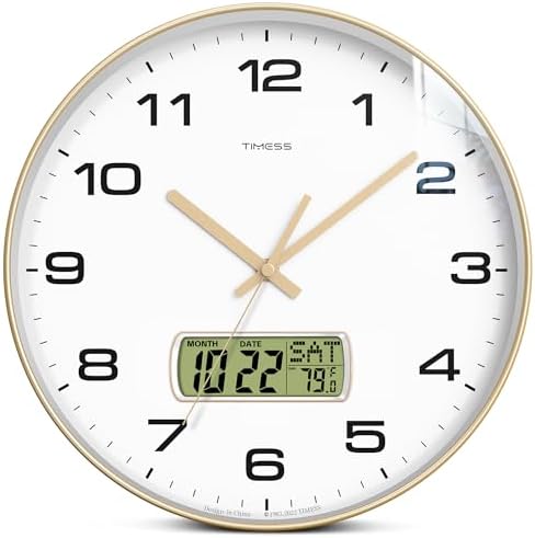 TIMESS Wall Clock, 10&#34; Dial Non-Ticking Silent Battery Operated Analog with LCD Display for Perpetual Calendar and F° Temperature, Ideal Modern Home, Bedroom, Kitchen, Office Decor (Gold)