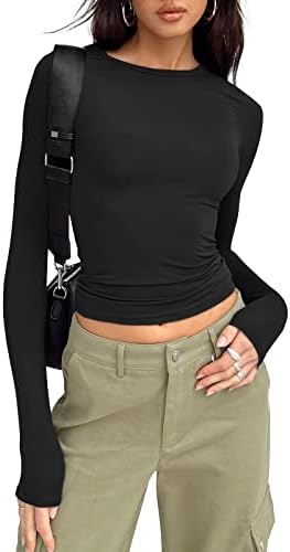 Trendy Queen Womens Long Sleeve Shirts Fall Fashion 2025 Basic Crop Tops Going Out Workout Outfits Y2k Clothes