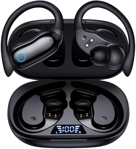 GNMN Bluetooth Headphones IPX7 Waterproof Stereo Bass Over-Ear Earphones LED Battery Display for Android Phone