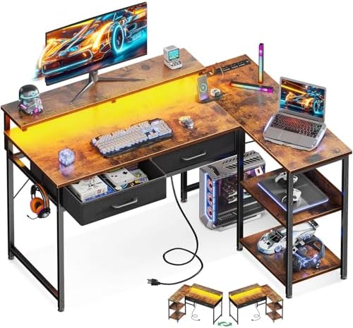 Coleshome 40 Inch L Shaped Gaming Desk with 2 Drawers &amp; Storage Shelves, Computer Desk with USB Ports, Study Writing Table for Bedroom, Simple Modern Laptop Desk for Home Office, Vintage