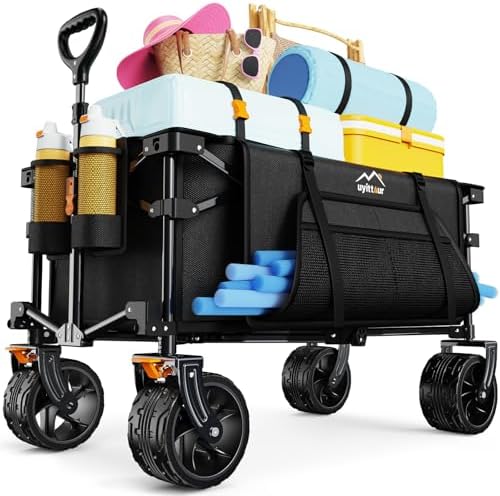 Uyittour Foldable Four Wheel Heavy duty Foldable Beach Bike with Large Wheel Sand Practical Grocery Cart with Side Pockets and Brakes Suitable for Camping, Sports, Outdoor Activities, Black