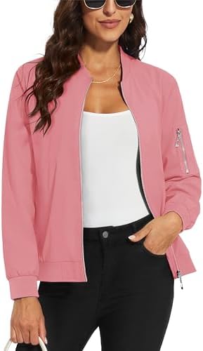 MAGCOMSEN Women&#39;s Casual Jacket Lightweight Bomber Jackets 5 Pockets Windbreaker Zip-up Spring Fall Outerwear