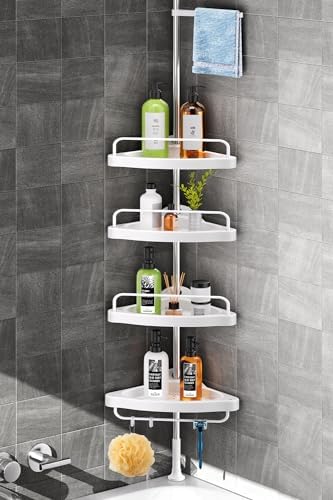 Corner shower rack, stainless steel shower rack tension rod, suitable for bathrooms, rust proof shower rack rod, with anti slip silicone pad, 4-layer adjustable rack and 8 hooks, height adjustable fro