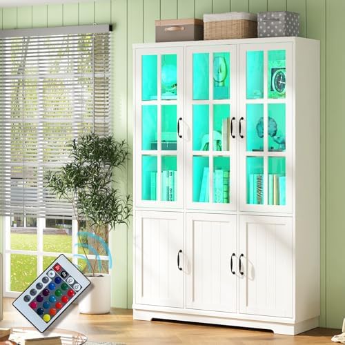 AMERLIFE 71&#34; Tall Modern Storage Cabinet with Glass Doors &amp; LED Lights, Large Display Cabinet with 5-Tier Shelves, Accent Furniture for Study\/Living Room, Dining Room, Home Office, 6 Doors Wh