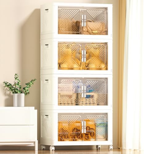pioncrey Storage Bins with Lid 76QT, Stackable Storage Containers with Wheels and Magnetic Doors, Plastic Clothes Closet Organizers and Storage Box for Pantry, Home and Office (4 Pack)