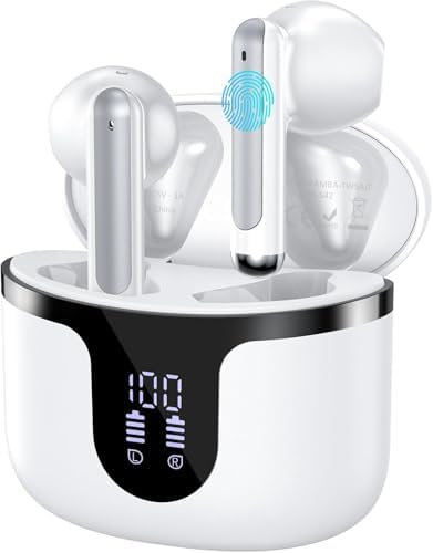 BHNYBWUL Wireless Earbuds Bluetooth Headphones 5.3 Stereo 50 Hour Playback Ear Buds with LED Display and with 4 ENC Noise Cancelling Mic Wireless Earphones, for Phone, Tablet, Laptop, Sports, White