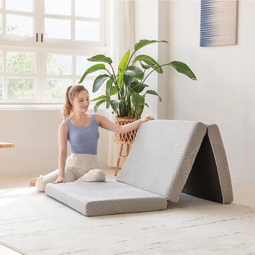 MLILY Tri-Fold Memory Foam Mattress, 4 inch Single Folding Mattress with Collapsible and Washable Cover, Travel and Guest Mat, 75&#34;×25&#34;×4&#34;, Grey