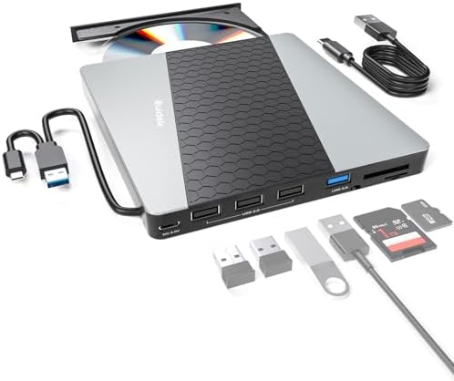 SUIDEK External CD DVD Drive, USB 3.0 USB C Portable CD DVD +\/-RW Burner DVD Player for Laptop with SD\/Micro SD Card Reader 8 in 1 Hub Compatible with Laptop Mac PC Windows Linux