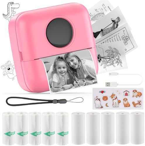 HuiJuKeJi Mini Sticker Printer Bluetooth Smart Pocket Inkless Thermal Printer with 11 Rolls Thermal Paper and Sticker for iOS&amp;Android, Portable Receipt Printer for Photo Note Memo (Rose)