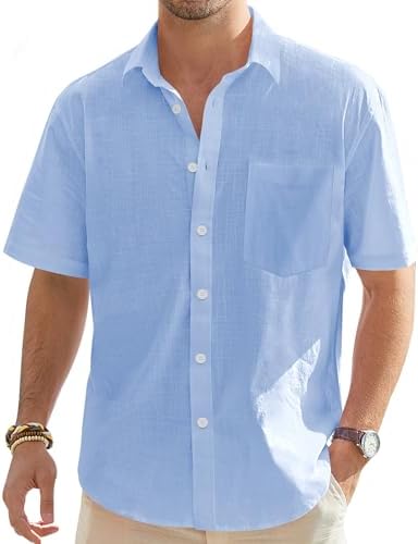 J. VER men's cotton and linen short sleeved casual lightweight button up shirt vacation beach summer top with pocket