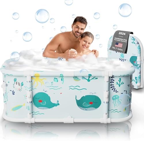 Portable Bathtub, 47\u201C Foldable Bathtub-Installation Free, 7 Layers Thicken with Metal Support, Therapy Tub for Shower Stall Fold Up Soaking Bath Tub, Hot SPA, Ice (Wonder Ocean D1)