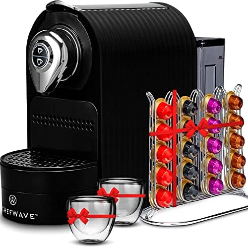 ChefWave espresso machine and coffee machine (black) - compatible with Nespresso capsules, programmable, one click, Italian 20 bar high-pressure pump set, with pod holder and glasses